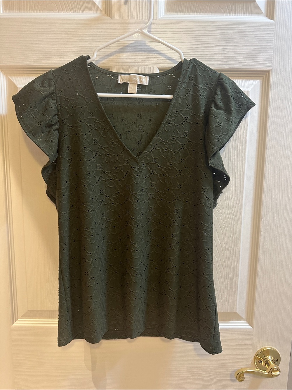 Michael Kors Olive Green Lace V-Neck Flutter Sleeve Top